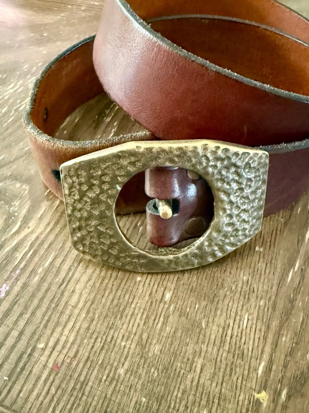 Vintage Leather Belt Hammered Solid Brass Buckle 60s 70s Style / 35"-37"